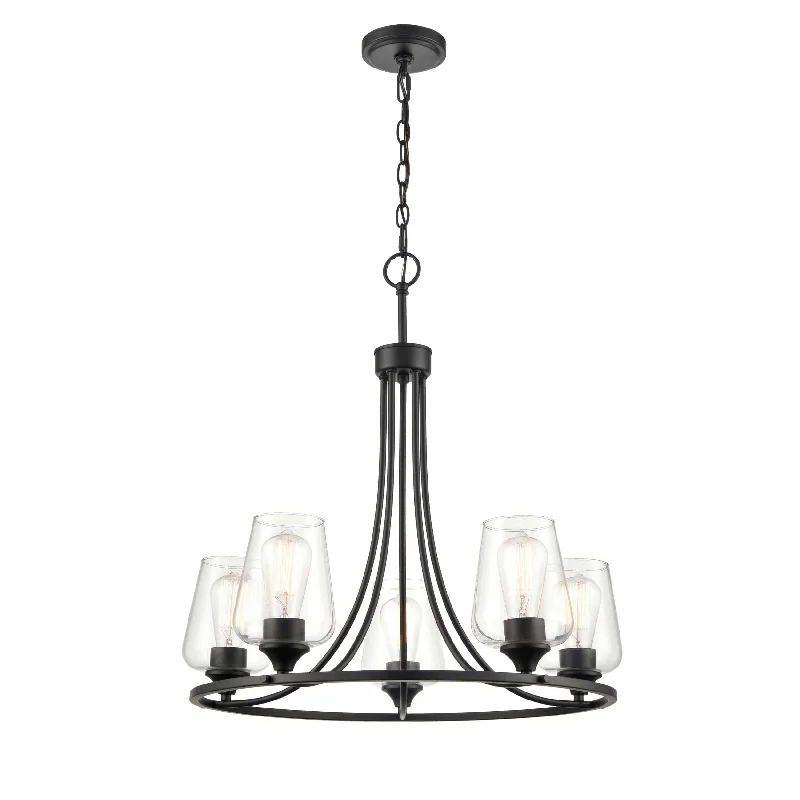 Minimalist Chandeliers for Sleek and Simple InteriorsMinimalist Chandeliers for Sleek and Simple Interiors5 Lamps Ashford Chandelier - Matte Black - Clear Glass - 25in Diameter - E26 Medium Base
