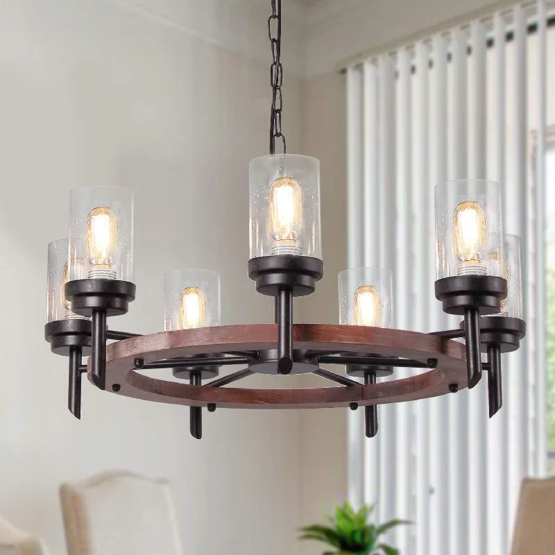 Chandeliers with Pendant Lights for a Stylish LookChandeliers with Pendant Lights for a Stylish Look7 Light Wagon Wheel Wood Chandelier Seeded Glass Shade - N/A Chandeliers with Pendant Lights for a Stylish LookChandeliers with Pendant Lights for a Stylish Look7 Light Wagon Wheel Wood Chandelier Seeded Glass Shade - N/A