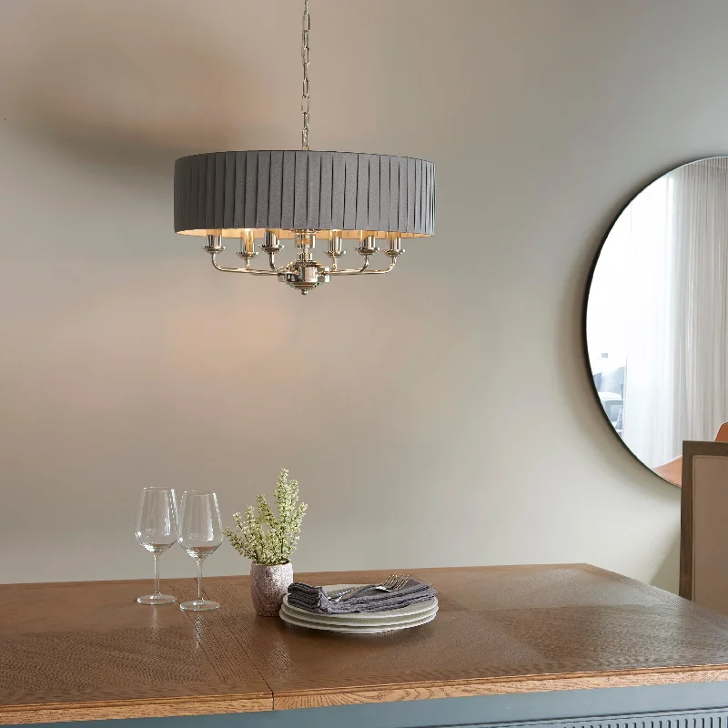 Chandeliers with Adjustable Arms for Directional LightingChandeliers with Adjustable Arms for Directional LightingEndon Highclere 6lt Pleated Pendant Bright Nickel & Charcoal Chandeliers with Adjustable Arms for Directional LightingChandeliers with Adjustable Arms for Directional LightingEndon Highclere 6lt Pleated Pendant Bright Nickel & Charcoal