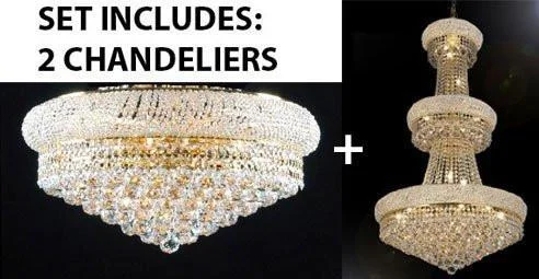 Chandeliers with Metal Frames in Gold FinishChandeliers with Metal Frames in Gold FinishSet Of 2 - French Empire Crystal Chandelier H50" X W30" - Perfect For An Entryway Or Foyer + Flush Empire Crystal Chandelier Lighting 15X24 - 1Ea-A93-541/24+1Ea-F93-Flush/542/15