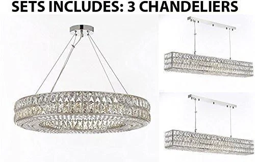 Chandeliers for Dining Rooms to Set the Mood for MealsChandeliers for Dining Rooms to Set the Mood for MealsSet Of 3-1 Crystal Nimbus Ring Chandeliers Modern/Lighting Pendant 32" Wide And 2 Crystal Nimbus Linear Chandeliers Modern/Lighting Pendant 48.5" Wide - Good For Dining Room Foyer Entryway - 1 Ea Gb104-3063/12 + 2 Ea Gb104-3063/10